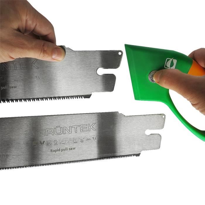 La scie égoïne japonaise légère et robuste piranha de grüntek avec 2 lames et système d’aide à la coupe permet une coupe facile et