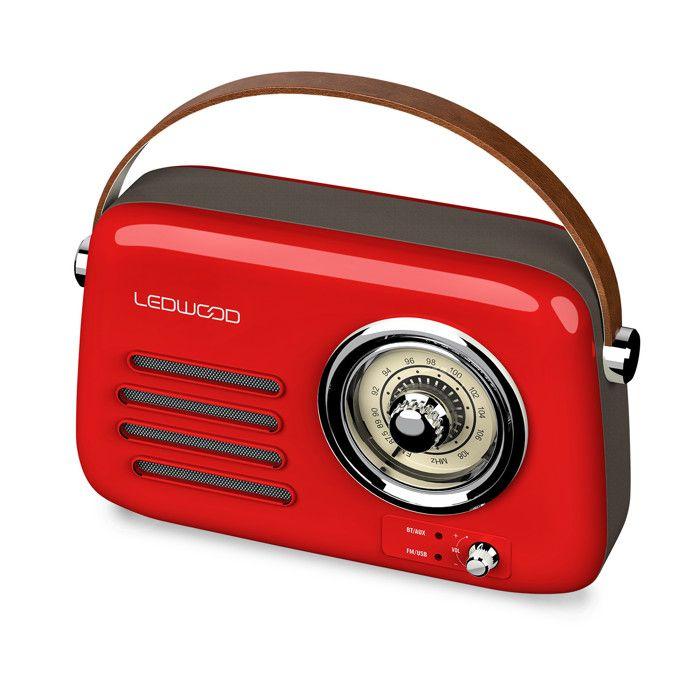 Radio Rétro portable Ledwood ALMA, FM, Bluetooth 5.3 Entrée USB, Puissance 30W - Batterie 3,7V-1500mAh - Retro Vintage - Rouge