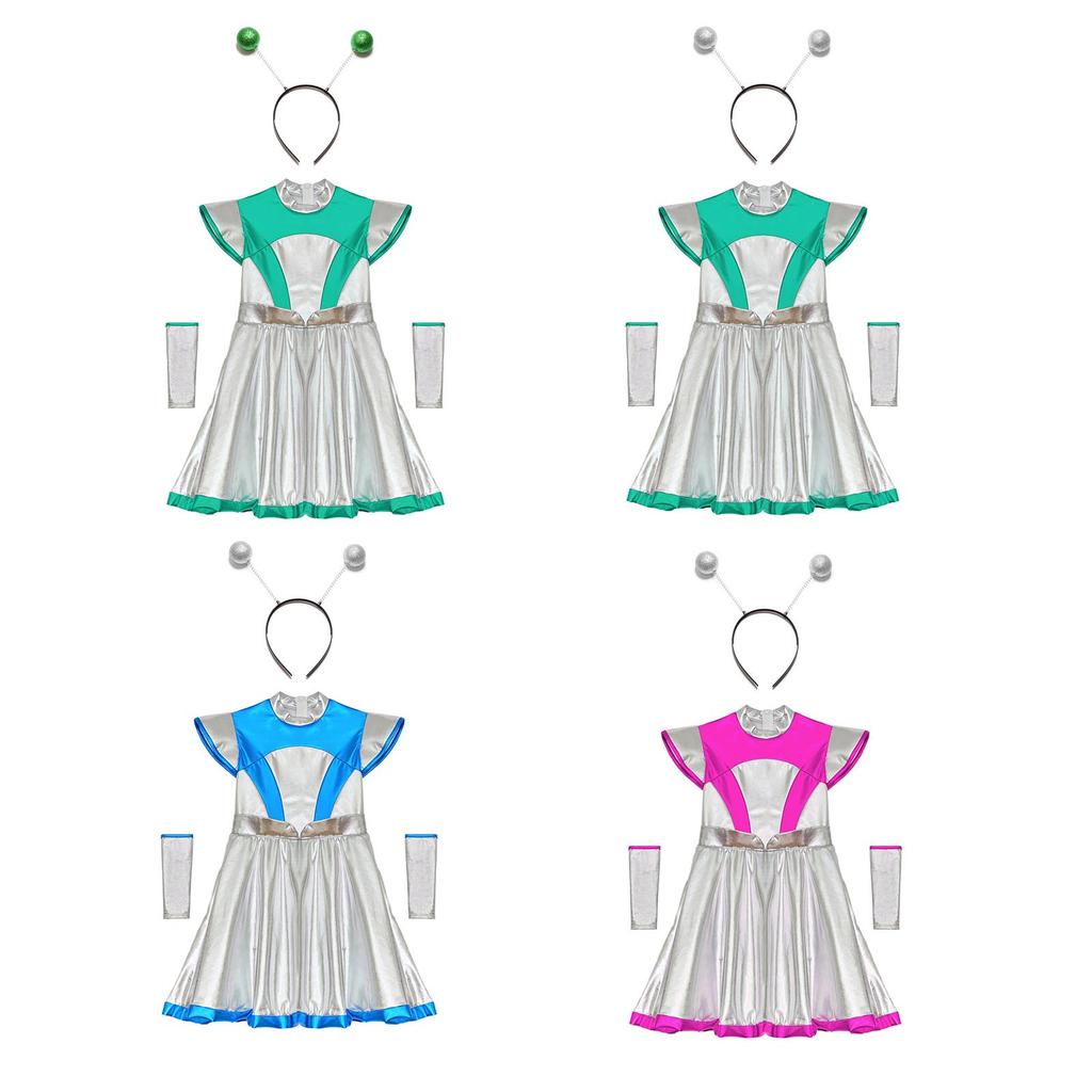 3-teiliges Kinder Mädchen Halloween Alien Cosplay Kostümset - Outer Space Cutie Kleid mit Armstulpen & Haarreif-Accessoires