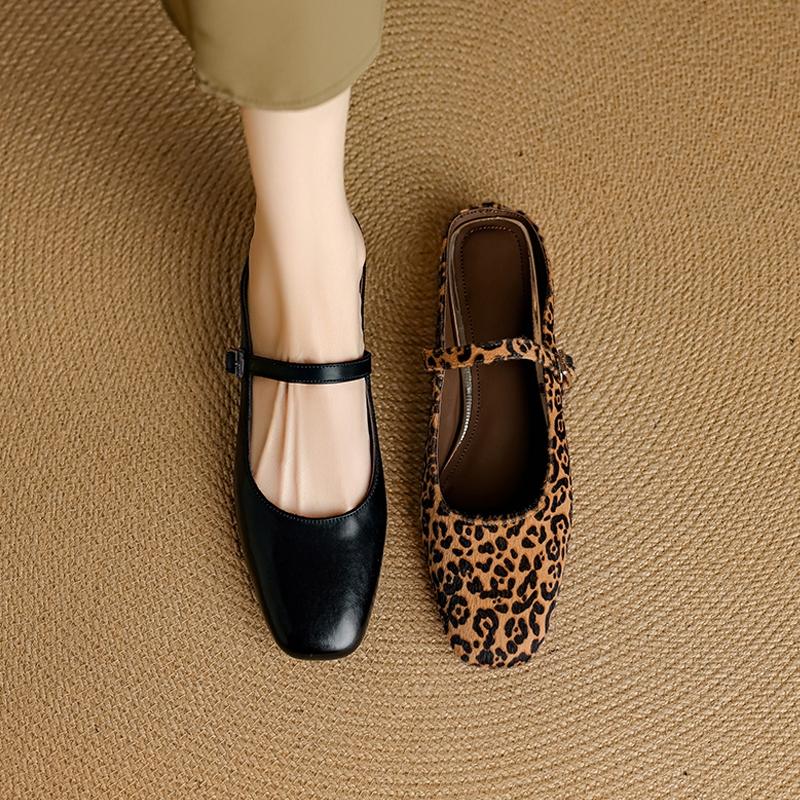 Fashion Women's New Leather Cowhide Spring and Summer Round Toe Low Heel Leopard Print Horsehair Buckle with Toe Cover Mueller Slippers