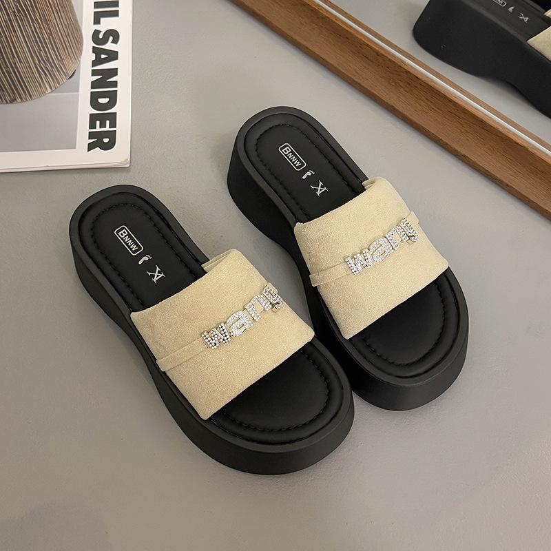 Thick-soled heightening cool slippers for women's wear new summer fashion with skirt one-word drag casual beach sandals
