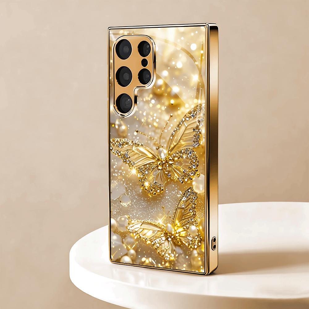 Butterfly Electric Gold Plated Glass Phone Case Suitable for Samsung GalaxyS26 S25 S24 S23 S22 S20FE/Ultra/Plus Anti Fingerprint