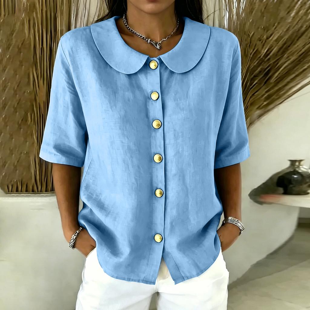 Women Button Front Short Sleeve Shirt Elegant Collar Blouse Casual Loose Fit Summer Top Lightweight Breathable Fabric