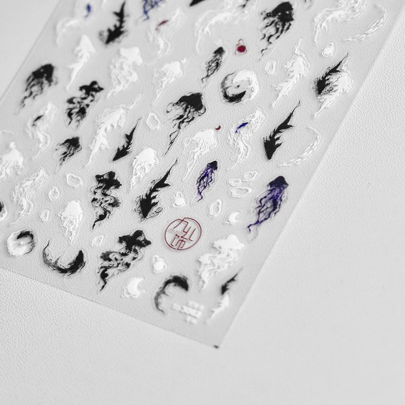 

National Style Yin and Yang Jellyfish Fish Nail Sticker Tomoni Embossed Adhesive 5D Nail Sticker Chinese Ink Style Nail Ornament Yin and Yang fish 3062