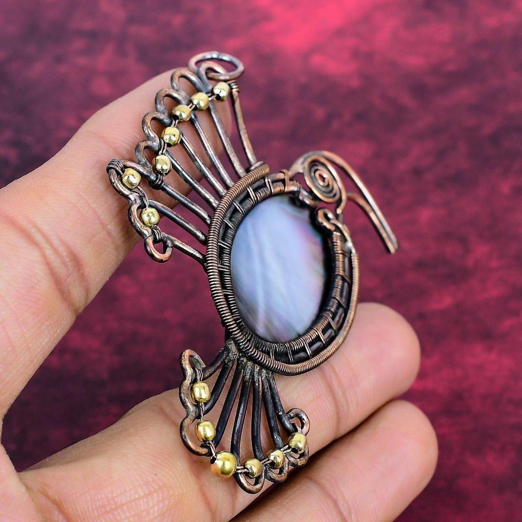 Black Mother Of Pearl Pendant Bird Pendant Copper Wire Wrapped Gemstone Jewelry