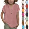 Kinder Leinen Knopf T-Shirt - Kurzarm V-Ausschnitt Sommer Top