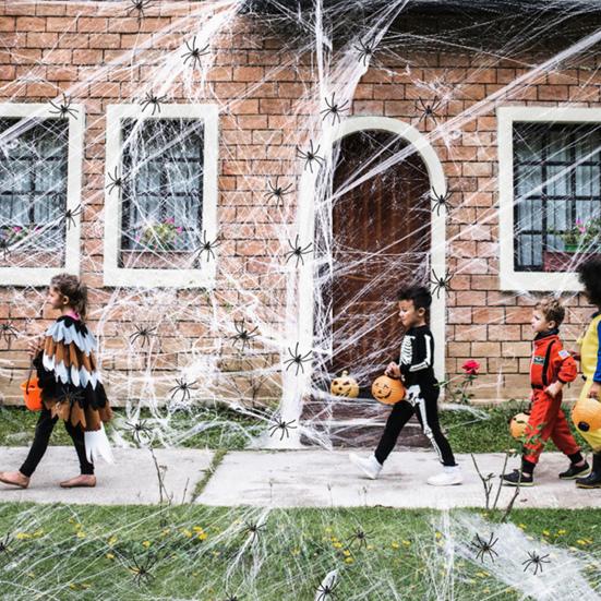 Halloweenská dekorace pavučiny Pružná pavučina s malými falešnými pavouky Velké pavučiny pro vnitřní a venkovní večírky Dekorace strašidelných domů