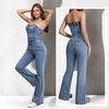 Europe, America, autumn and winter new women's denim jumpsuit fashion flip pocket button front jeans