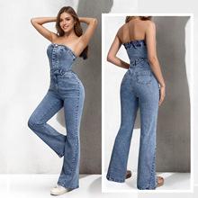 Europe, America, autumn and winter new women's denim jumpsuit fashion flip pocket button front jeans
