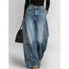 European and American Cross-border New Jeans Women's Metal Hole Design Casual Loose High Waist Wide Leg Jeans Amazon
