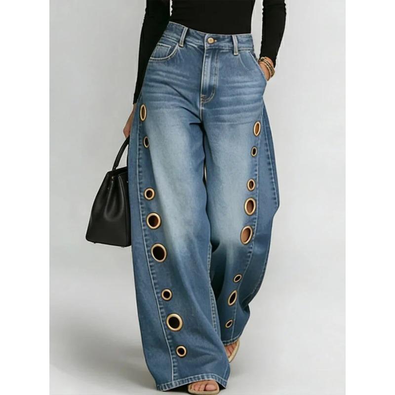 European and American Cross-border New Jeans Women's Metal Hole Design Casual Loose High Waist Wide Leg Jeans Amazon