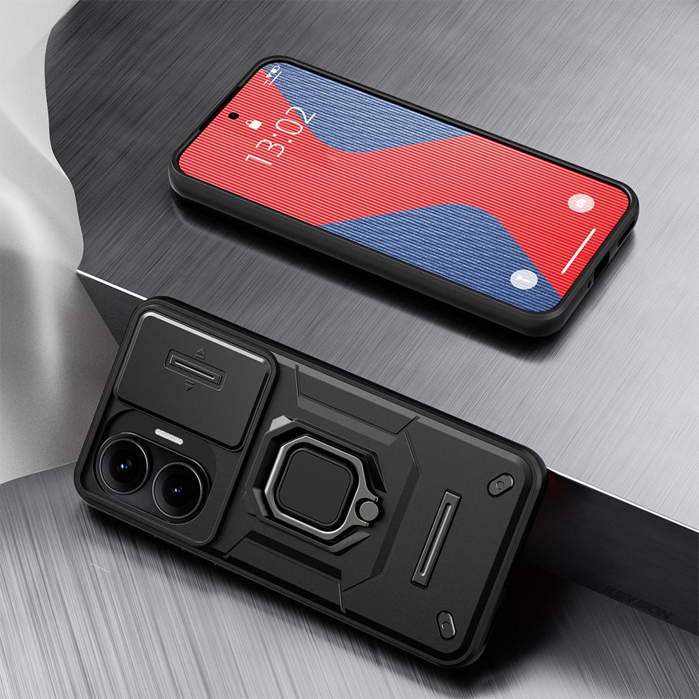 KEYSION Shockproof Armor Case for Xiaomi POCO F7 5G Slide Camera Lens Protection Ring Stand Phone Cover for Redmi Turbo 4 Pro