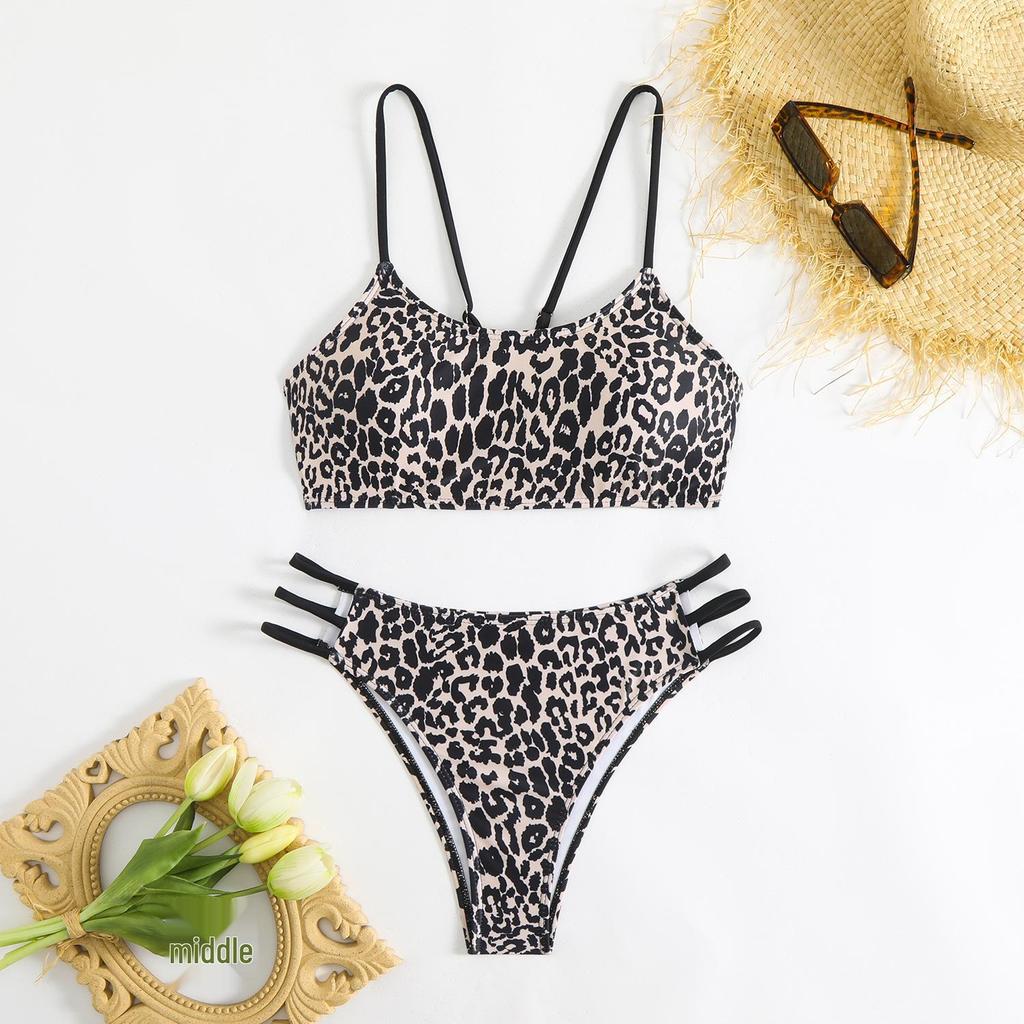 2025 European & American Leopard Print Push-up Color Block Bikini