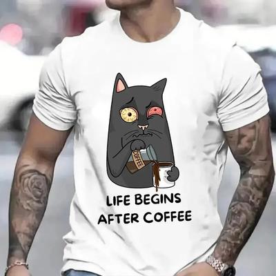 Das Leben beginnt nach dem Kaffee Vintage T-Shirt Lustiges erstes Kaffee-Männer-T-Shirt Neuer Trend T-Shirt T-Shirt Kaffee-Katzen-Liebhaber Männer Frauen T-Shirts