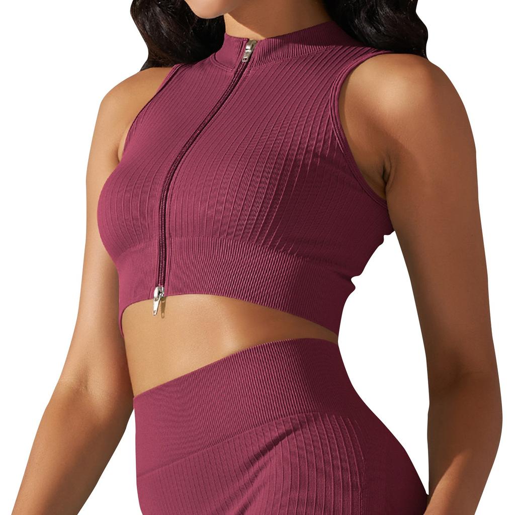 Women's Fashion Seamless Knit Tight Breathable Yoga Sexy Comfortable Casual Sports Running Fitness Top With Zipper
