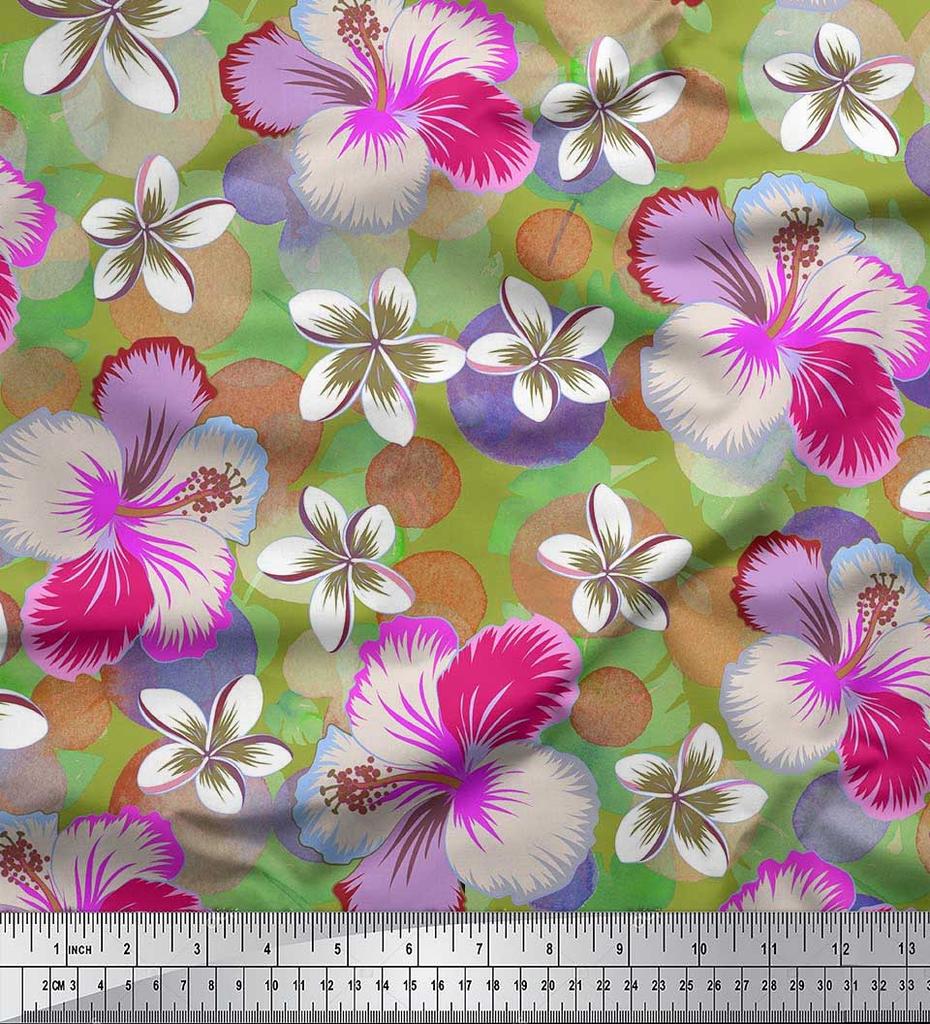 Soimoi Japan Crepe Satin Fabric Leaves & Plumeria Flower Decor Fabric Printed Metre 42 Inch