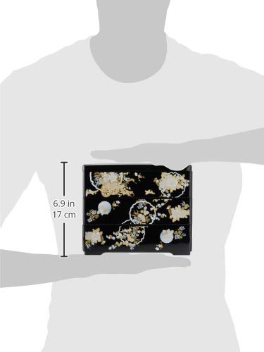 Wakaizumi Lacquerware 3-Tiered Box, 6.5 inches, Black Flower and Circle Pattern (Black Interior), H-150-57A