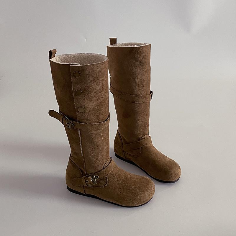 Suede retro two-wear velvet warm tall women's knight boots autumn and winter belt buckle thick heel thin fashion boots