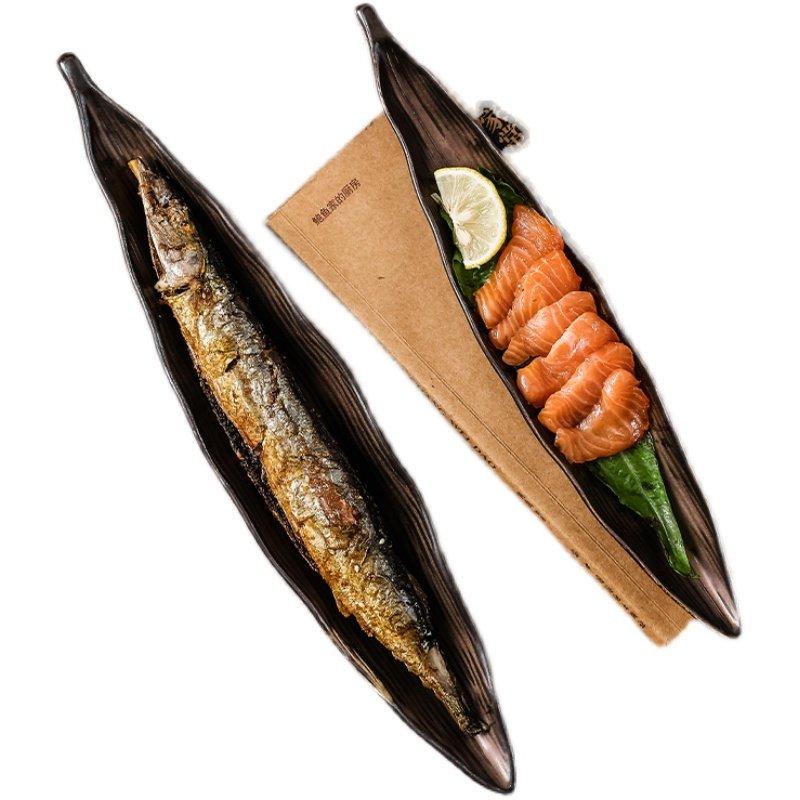 1PC Leaf Plate Japanese Cuisine Personalized Creative Retro Saury Ceramic Sushi Commercial Special-shaped Dim Sum Plate