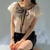 New Arrivals Open Run Women Embroidered Sheer Shirring Color Block Ribbon Cropbl