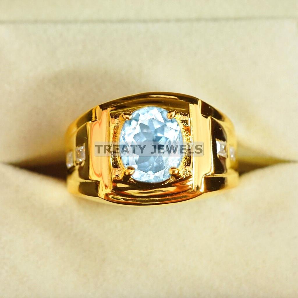 Aquamarine Oval Cut With 925 Sterling Silver Gold Plated Ring For Men's #A736 JL375659042889