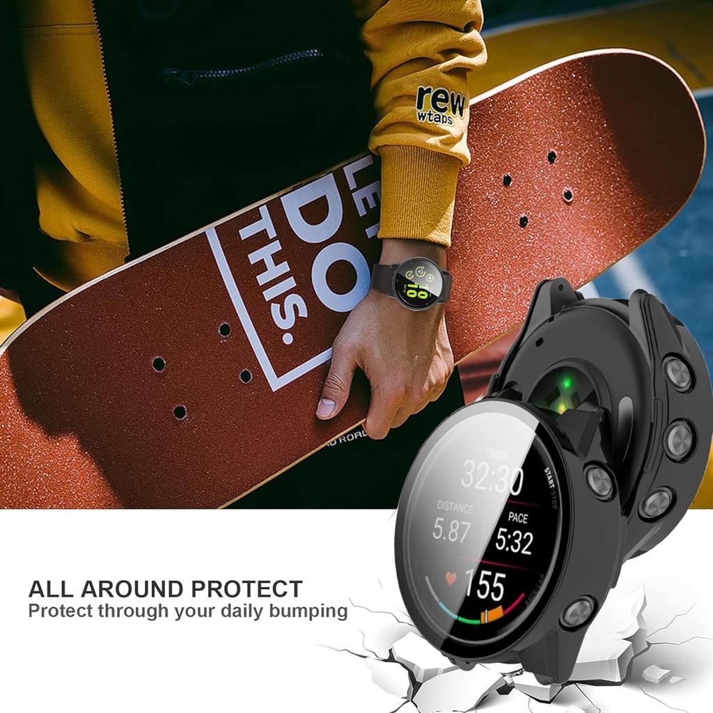 Compatible for Garmin Forerunner 570 Case with Dust Plug, Lamshaw Case with Tempered Glass Screen Protector + Dust Plug Compatible with Garmin