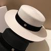 French Patch Flat Brim Straw Hat Women's Summer British Flat Top Hat Small Fresh Beach Sunscreen Sun Hat Women's