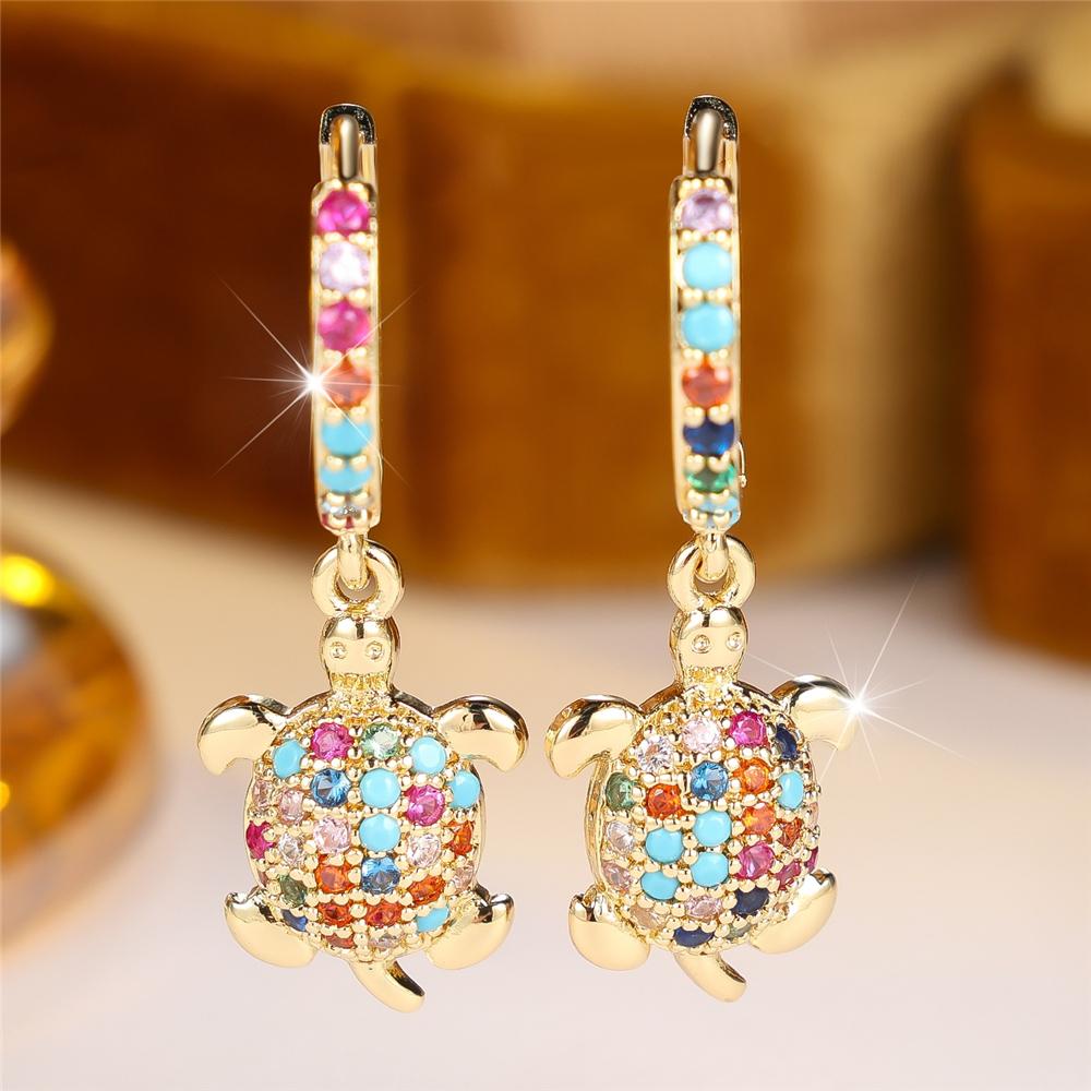 Cute Animal Female Small Rainbow Zircon Stone Turtle Hoop Earrings Trendy Fashion Gold Color Wedding Jewelry For Women