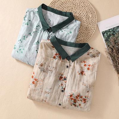 Camicia da donna ampia stampata con risvolto estiva letteraria e artistica taglia grande casual a maniche a tre quarti in cotone e lino