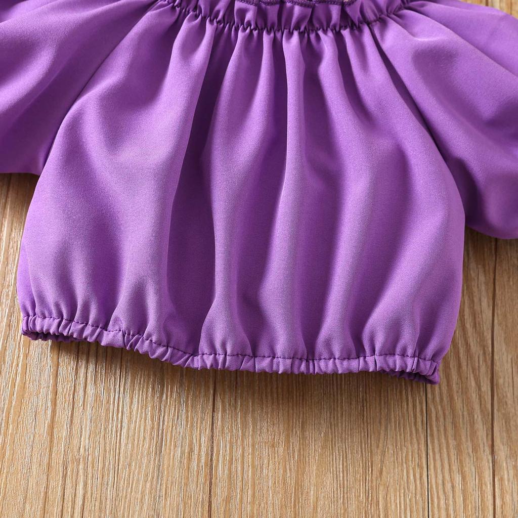 Kids Girls Clothing Set 1-6Y Summer Purple Puff Sleeve Off Shoulder Top with Elastic Waist Long Pants 2 Piece Outfit