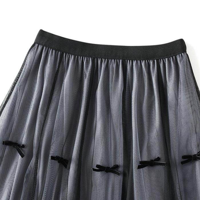 Women Spring Fall High Waist All Match Color Block Mesh A Line Skirt with Bowknot