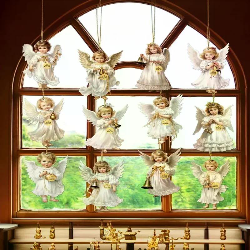 12pcs Vintage Christmas Angel Wooden Pendants, Artificial Wood Hanging Ornaments Perfect For Home & Outdoor Holiday Decor