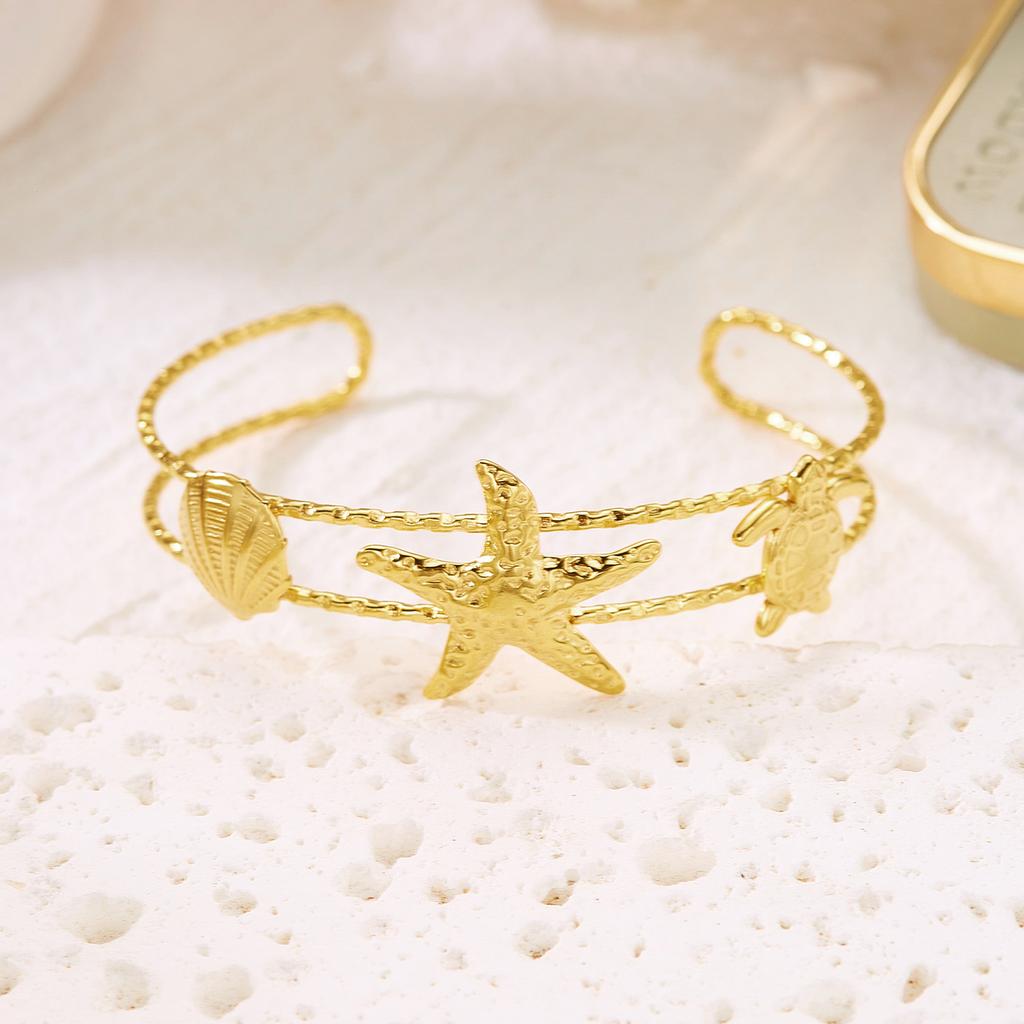 Bohemian Stainless Steel Shell Starfish Cuff Bracelet for Women Fashion Sun Conch Spiral Adjustable Bangle Party Jewelry Gift