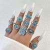 Ethnic style vintage turquoise carved feather ring fashion personality 8-piece combination ring set