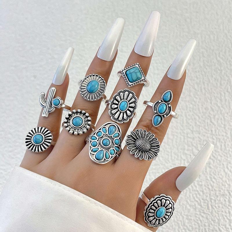 Ethnic style vintage turquoise carved feather ring fashion personality 8-piece combination ring set