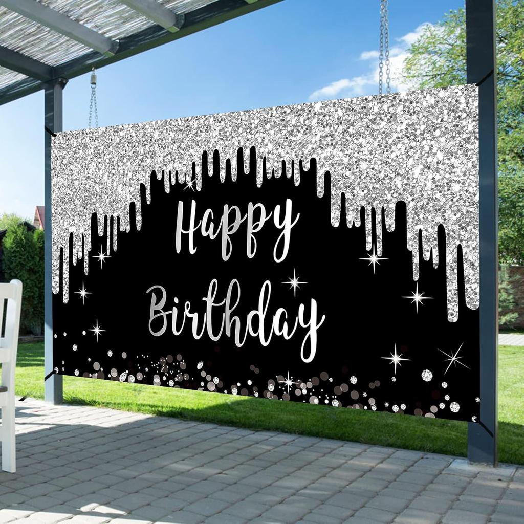 Black White Silver Happy Birthday Banner Decorations for Women Girls, Black Silver Happy Birthday Backdrop Sign Party Supplies, 16th 21st 30th 40th