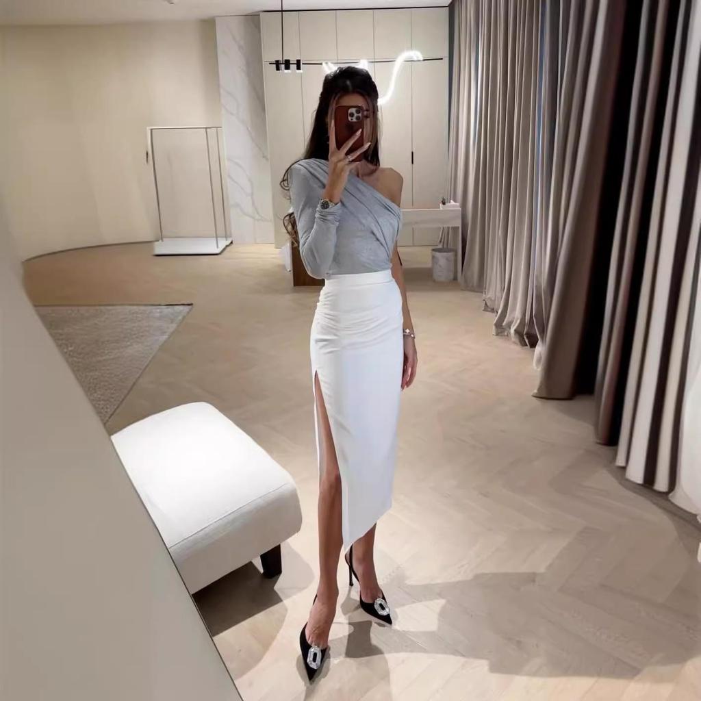 2024 Spring/Autumn One-Shoulder Long-Sleeve Elastic T-Shirt