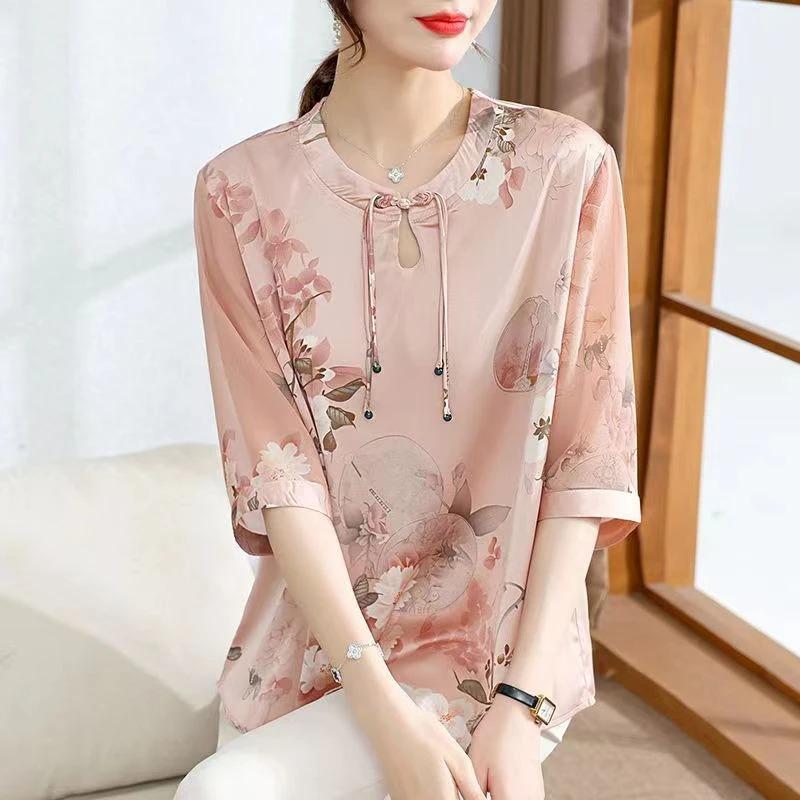 Women Button Summer Short Sleeved Silk Blouse Women's Elegant Loose Flower Retro Print T Shirt