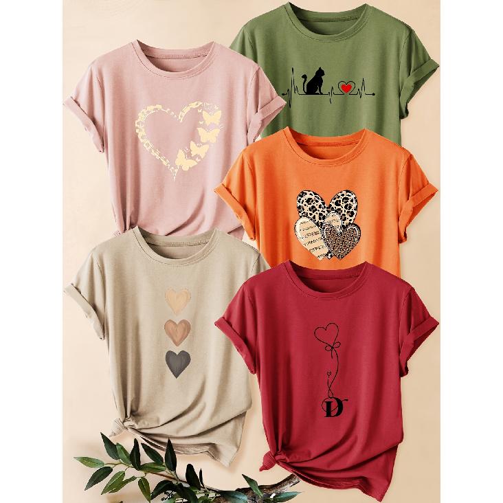Five-piece set of women's animal heart print short-sleeve shirts Leopard print heart cat butterfly print round neck summer dress T Shirt Suitable for