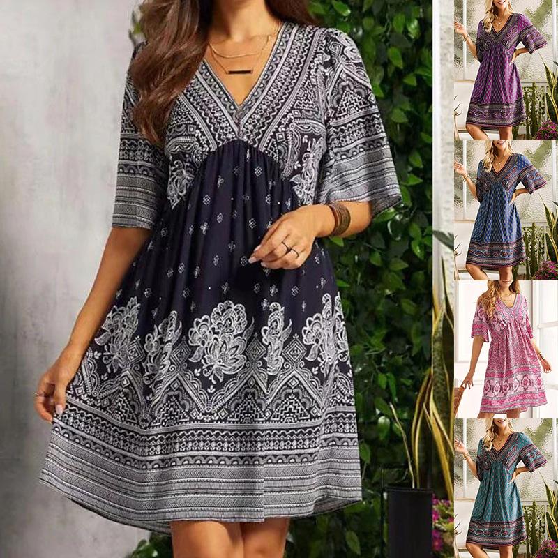 Summer Women's V-neck Loose Holiday Ethnic Dress
