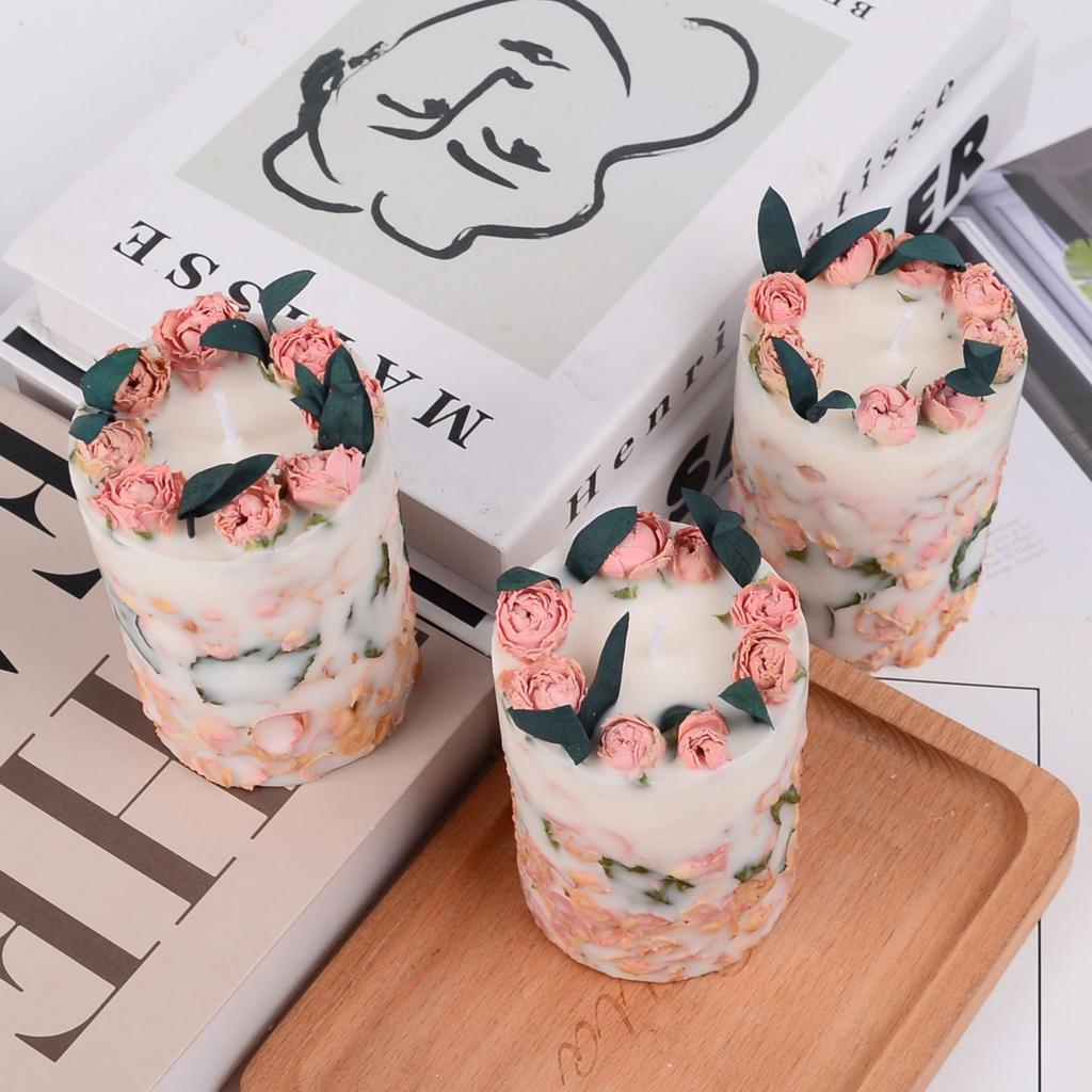 Ins Cylindrical Preserved Flower Dried Flower Rose Flower Embossed Scented Candle Soy Wax Ornament Gift Home Decoration