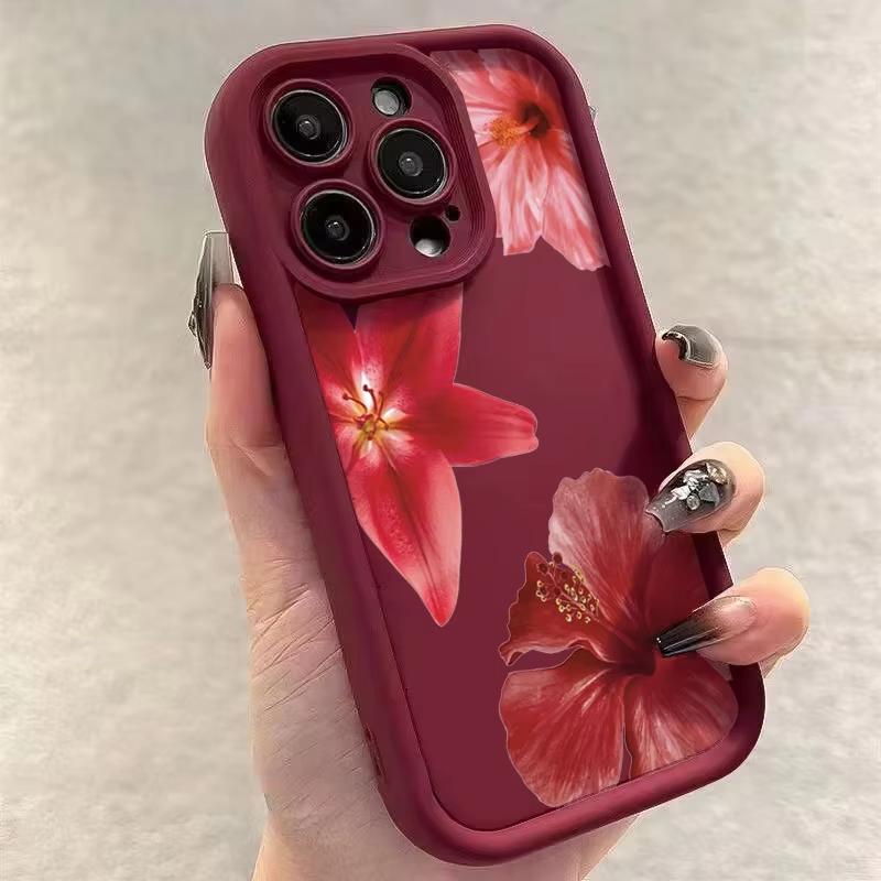 Wine Red Flower Print Soft Phone Case For iPhone 16 15 Pro Max 14 15 Plus 13 12 11 16E XR X XS Max 8 7 Plus SE2 Shockproof Cover