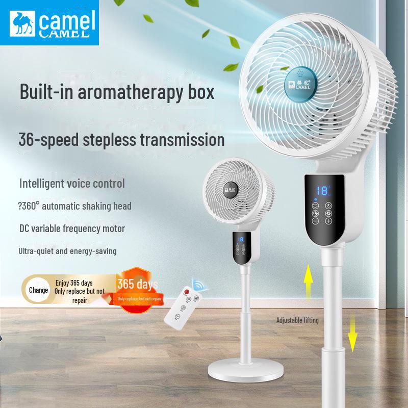 Camel 36-Speed DC Air Circulation Fan with Voice Control, Aromatherapy, Remote, Turbine Convection, and Floor Design.