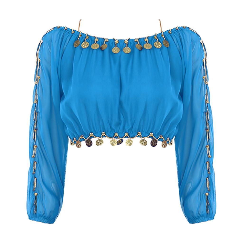 Womens Sequined Beaded Belly Dance Crop Top Long Puff Sleeve Split Halloween Party Costume
