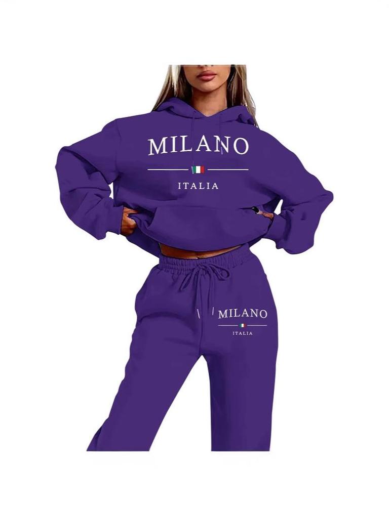 MILANO Plus Size Trendy Fleece Sweatshirt Set with Letter Print for Women
