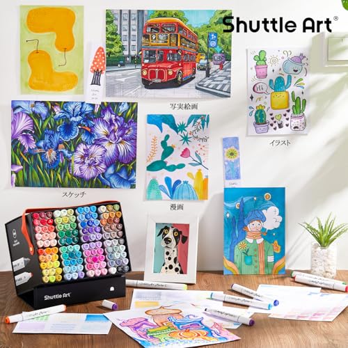 Shuttle Art Illustration Markers, 120 Colors, Blender Pen, 2 Tips, Oil-Based, Waterproof, Quick-Drying, Sketchbook Included, for Comics, Coloring Book