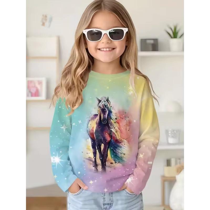 Girl Clothes Fashion Horse 3D Print Kids Long Sleeves T-Shirt Loose Casual Autumn Tops Outdoor Comfortable Children's Clothing