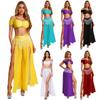 Calças Largas de Chiffon Femininas Lantejoulas Franja Fenda Dança do Ventre Culotes Top Curto Ombro a Ombro Conjunto Cintura com Strass