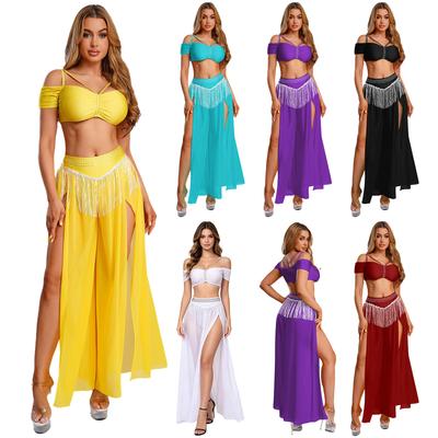 Womens Chiffon Wide Leg Pants Sequins Tassel Slit Belly Dance Culottes Cold Shoulder Crop Top Rhinestone Waist Set