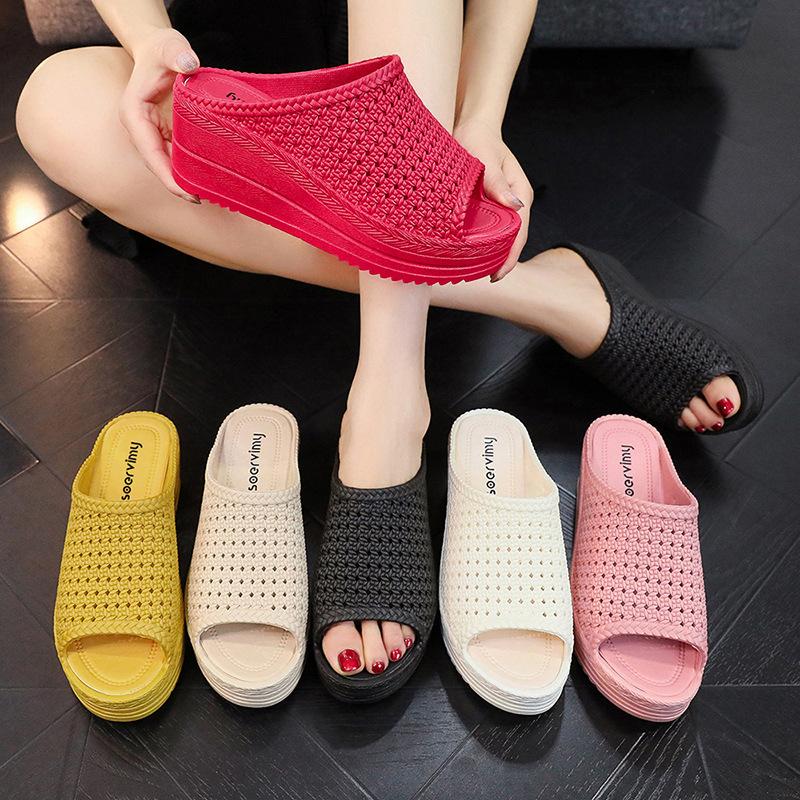 Cool Slippers Women Summer Slope Heel Thick Sole Wear Beach Shoes, Mesh Hollow Slippers Foreign Trade Wholesale